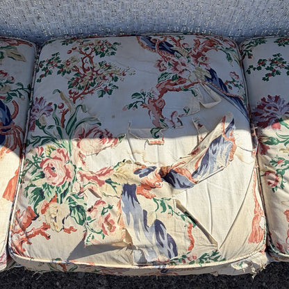 Antique Victorian White Wicker Rattan Sunroom Patio Sofa w/ Loose Cushions