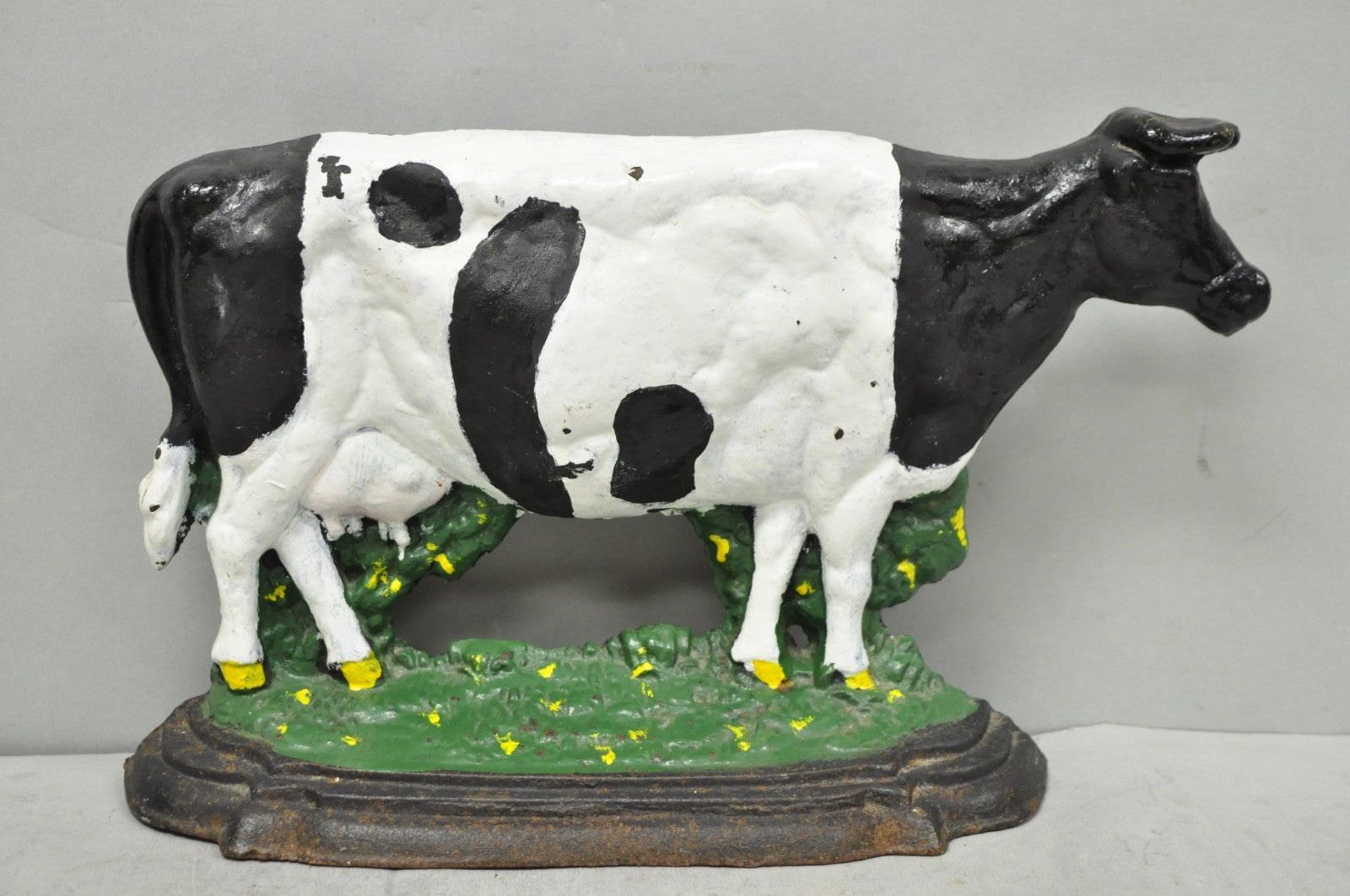 Antique Black and White Dairy Cow Cast Iron Painted Large Figural Door Stop