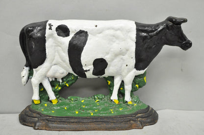 Antique Black and White Dairy Cow Cast Iron Painted Large Figural Door Stop