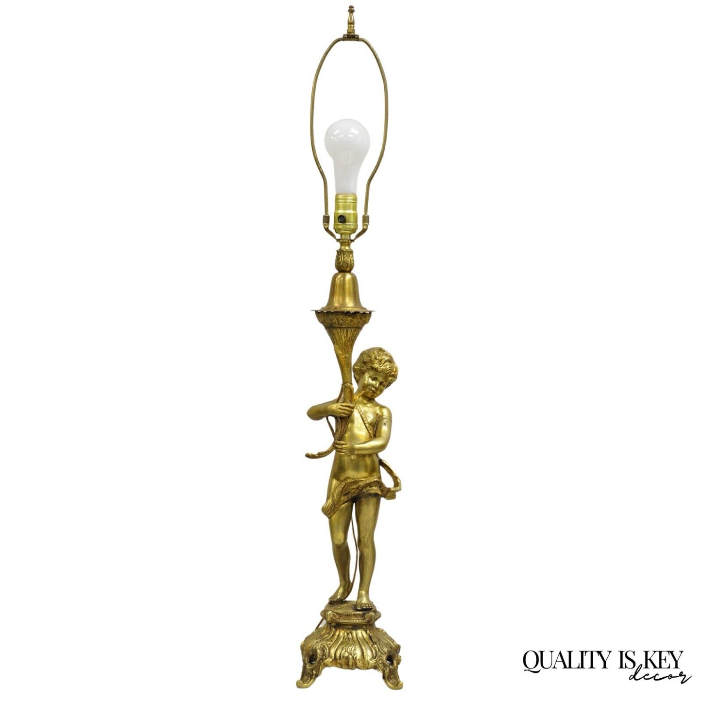 Vintage French Renaissance Brass Rococo Gold Figural Cherub Putti Table Lamp