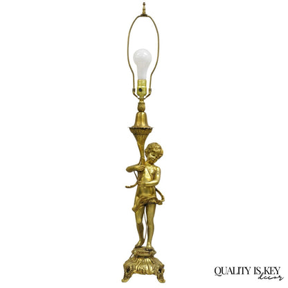 Vintage French Renaissance Brass Rococo Gold Figural Cherub Putti Table Lamp