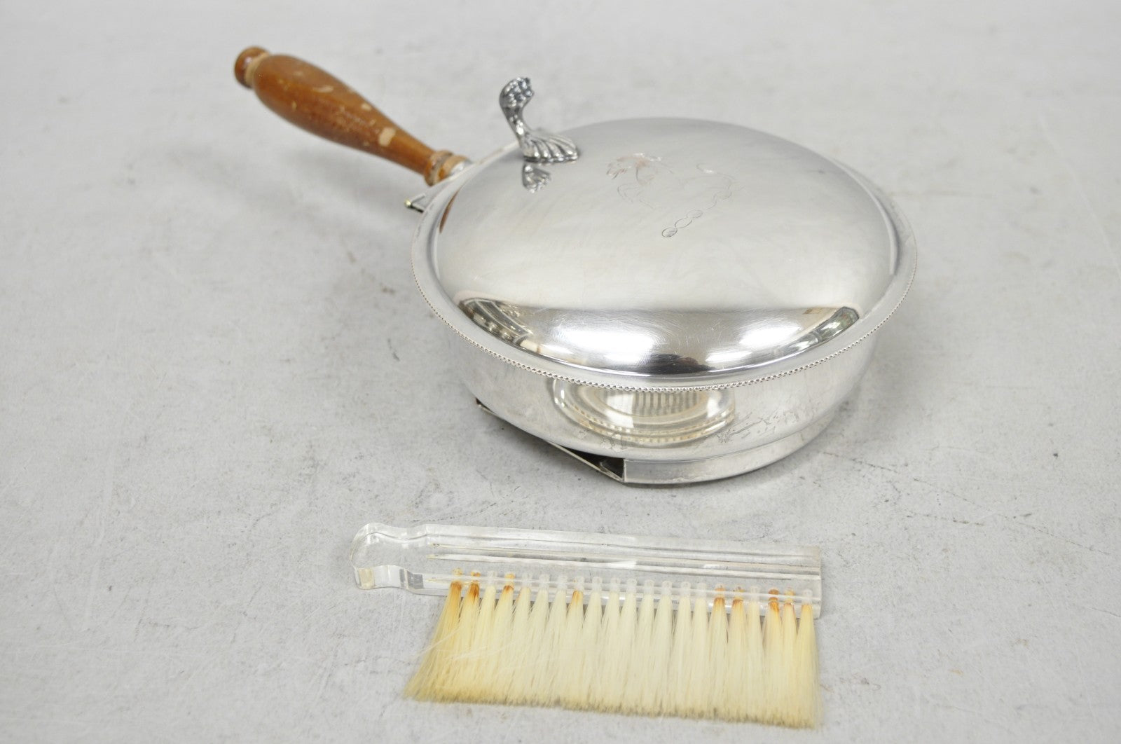 Vintage Sheffield Co Silver Plated Hinged Lid "Horse" Silent Butler w/ Broom