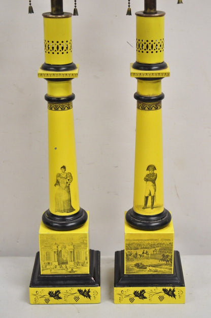 Antique Italian Regency Yellow Painted French Tole Metal Column Table Lamp Pair