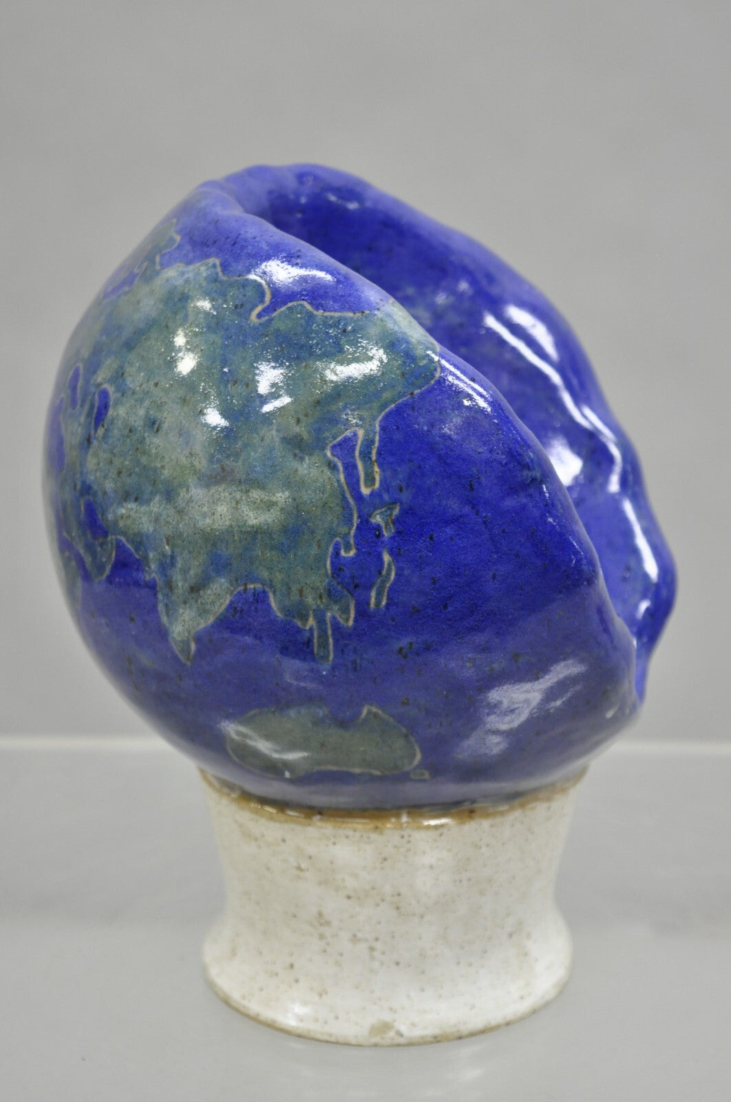 Vintage Mid Century Modern Blue Glaze Ceramic Pottery World Globe Face Sculpture