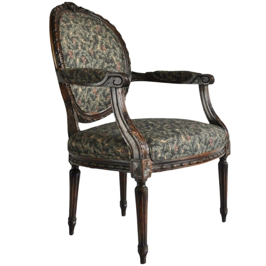 Vintage French Louis XVI Style Carved Walnut Fireside Arm Chair Fauteuil