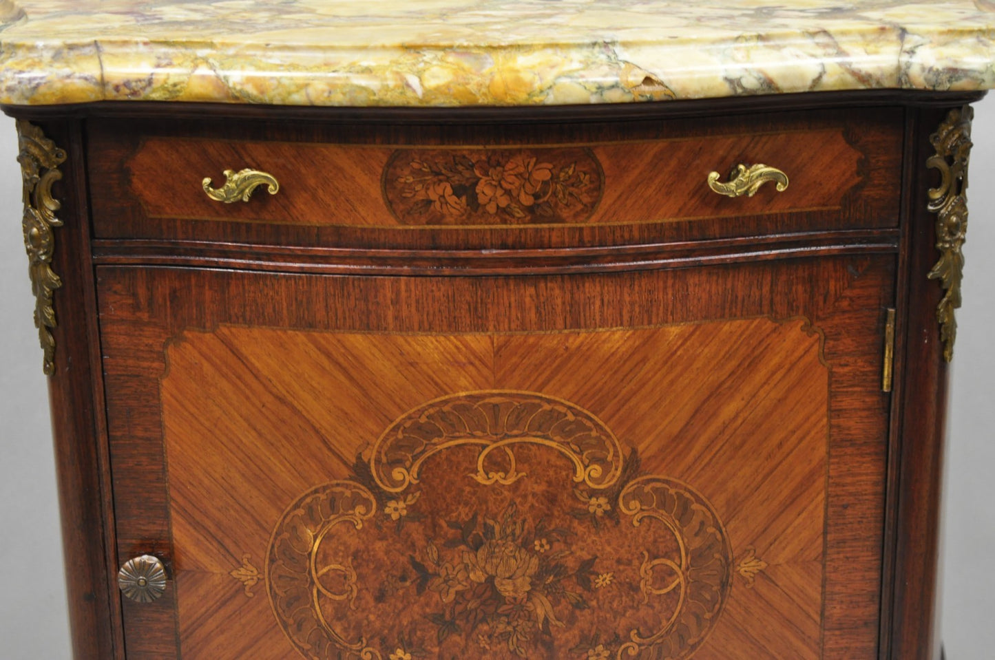 Antique French Louis XV Style Marble Top Satinwood Inlay Bombe Nightstand Table