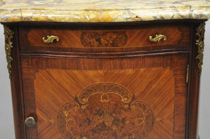 Antique French Louis XV Style Marble Top Satinwood Inlay Bombe Nightstand Table