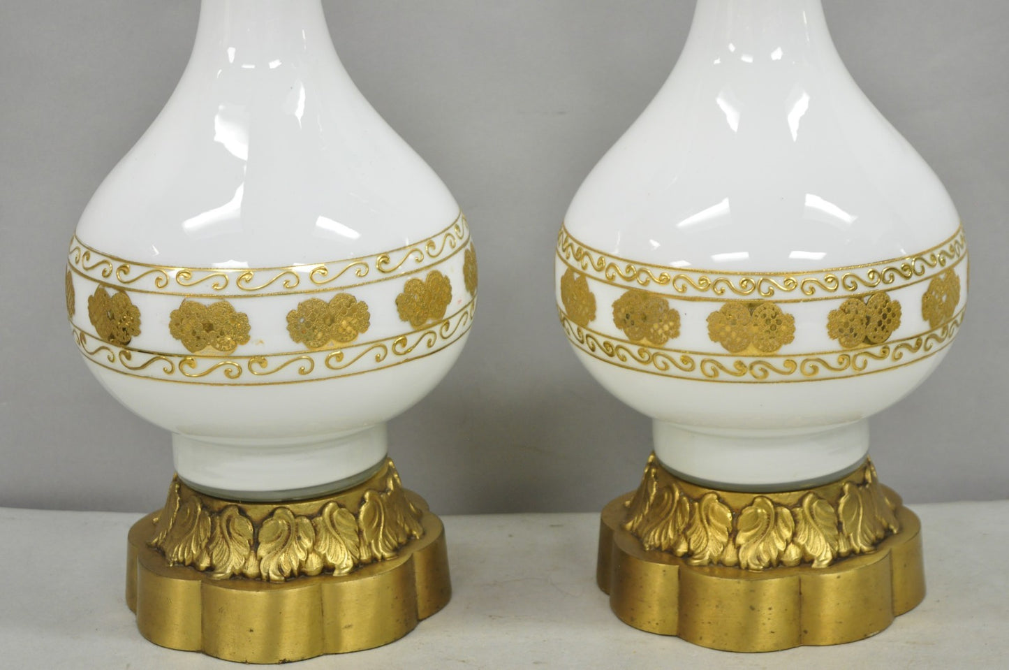 Vintage Hollywood Regency White Glass Gold Gilt Jardiniere Table Lamps - a Pair