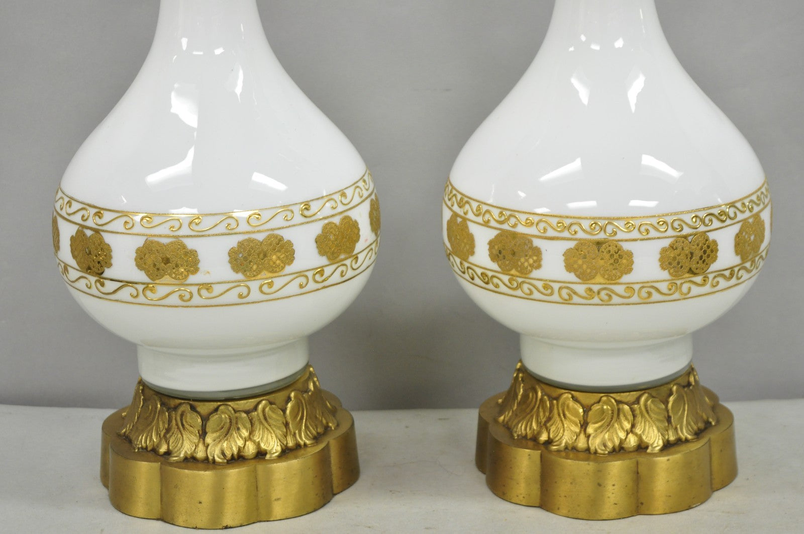 Vintage Hollywood Regency White Glass Gold Gilt Jardiniere Table Lamps - a Pair