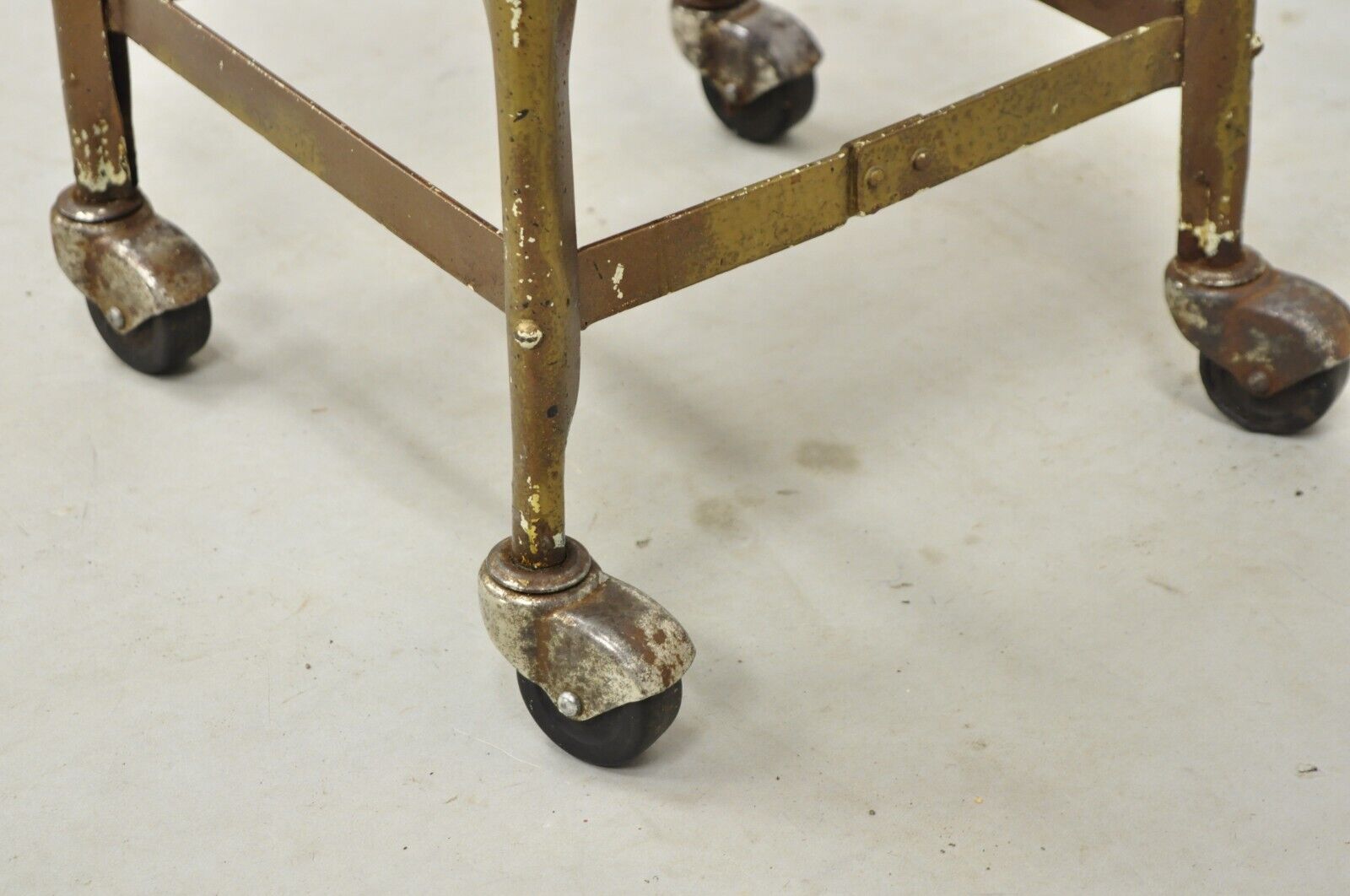 Antique American Industrial Distressed Painted Steel Metal Rolling Low Stool