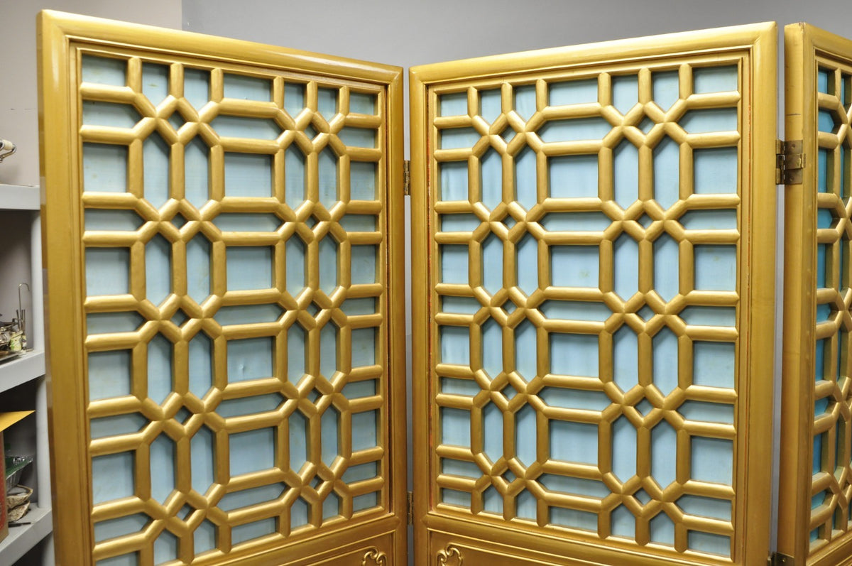 Vintage Chinoiserie Lattice Fretwork 4 Panel Gold Folding Screen Room Divider