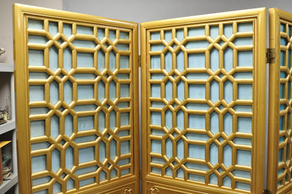 Vintage Chinoiserie Lattice Fretwork 4 Panel Gold Folding Screen Room Divider