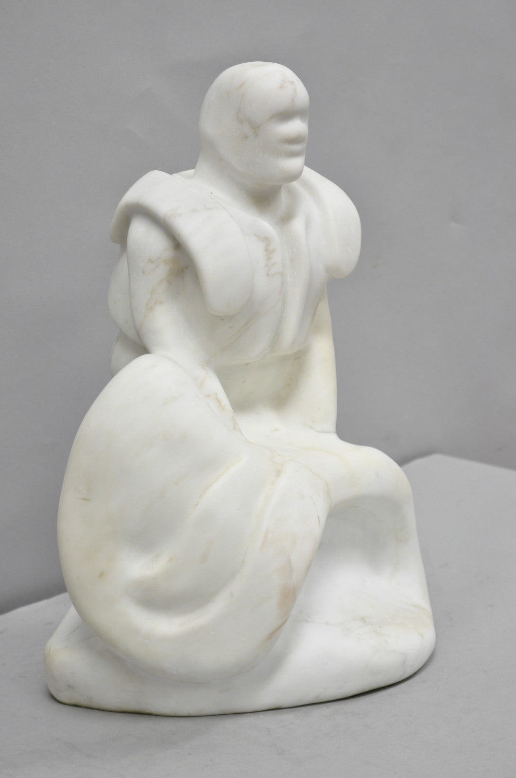 Vintage Seymour Shuren Modern White Carved Marble Male Soldier Figure Sculpture