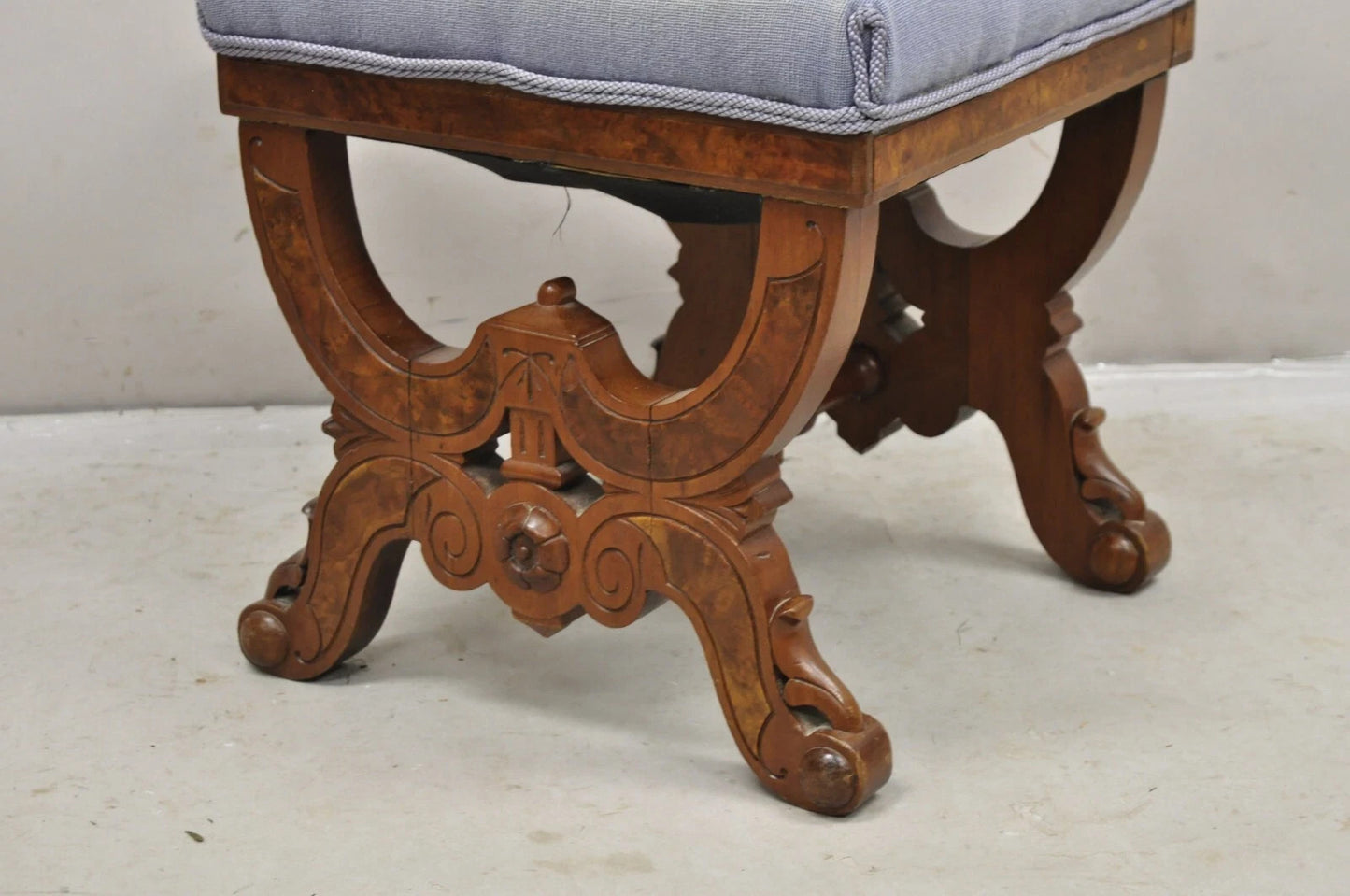 Antique Eastlake Victorian Burl Walnut Carved Curule Footstool Ottoman Stool