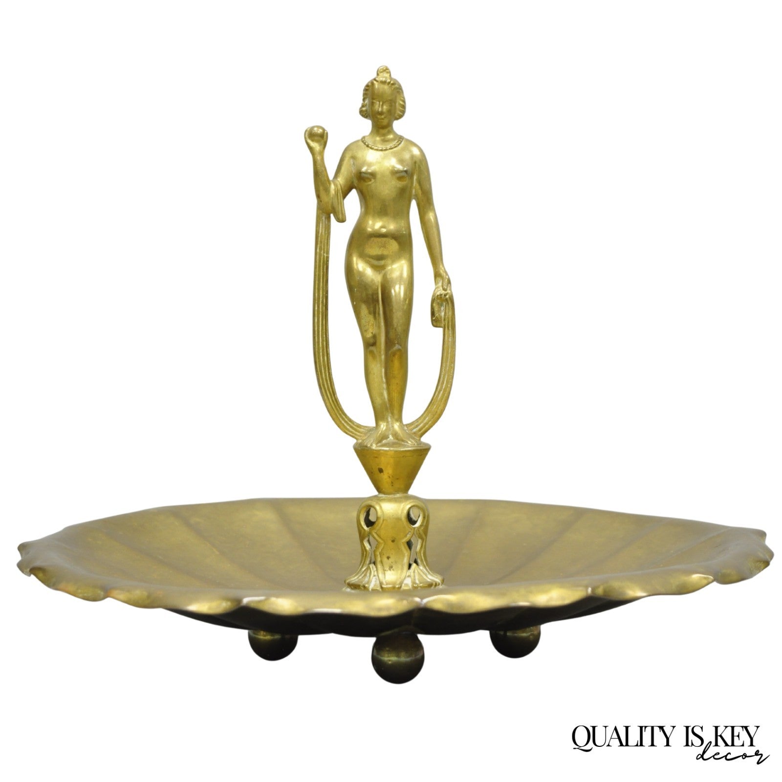 Vintage Art Nouveau Brass Figural Nude Woman Centerpiece Compote Dish Bowl