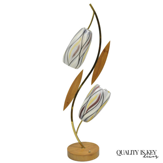 Vintage Mid Century Modern Glass Shade Walnut Tulip Leaf Tall Table Lamp