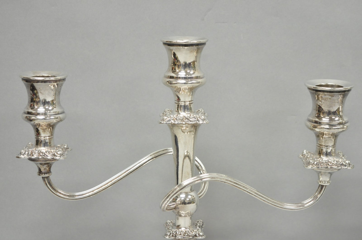 Antique E.G. Webster Victorian Silver Plated Scrolling 3 Arm Candelabra - a Pair