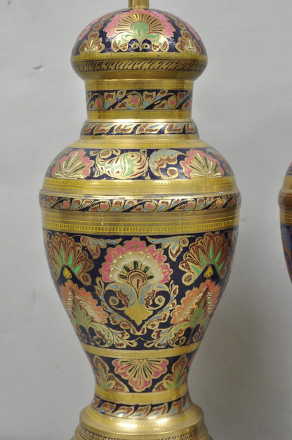 Vintage Brass & Cloisonné Enamel Pink & Blue Jardiniere Urn Table Lamps - Pair