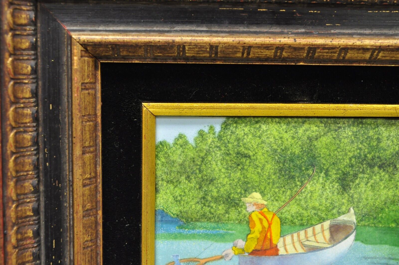 Daniel Belliard Enamel on Copper Small Framed Painting Fisherman in Boat on Lake