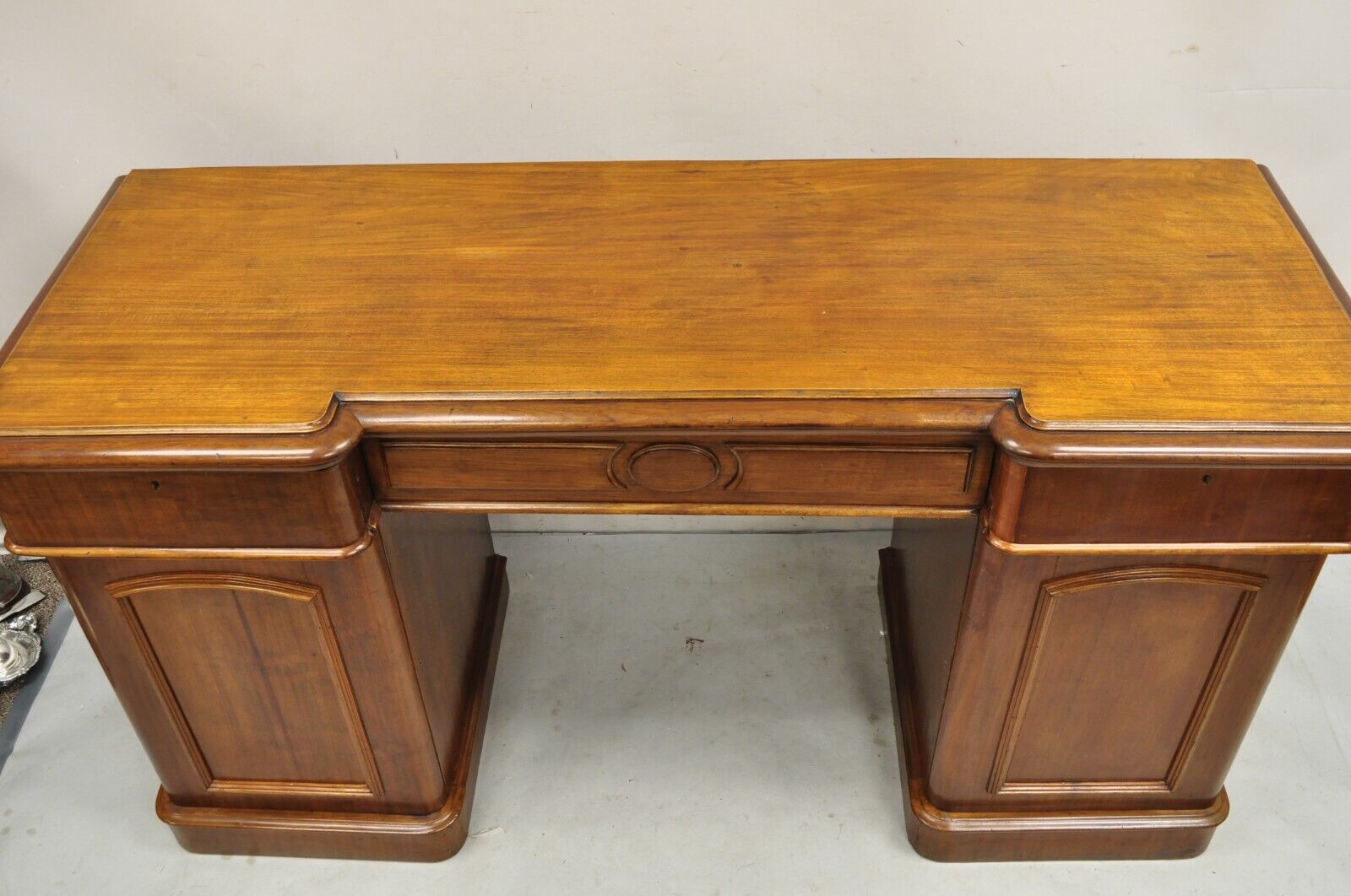 Antique English Empire Mahogany 3 Part Pedestal Sideboard Buffet With Drawers