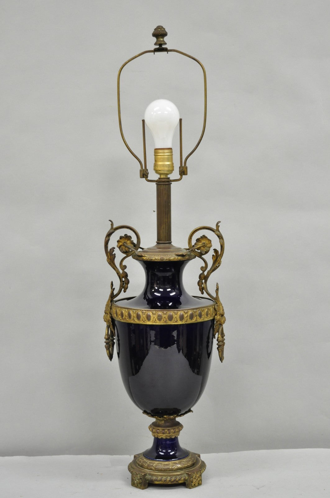 Antique French Empire Cobalt Blue Porcelain Figural Gilt Bronze Urn Table Lamp