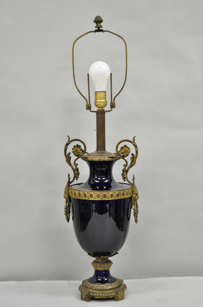 Antique French Empire Cobalt Blue Porcelain Figural Gilt Bronze Urn Table Lamp