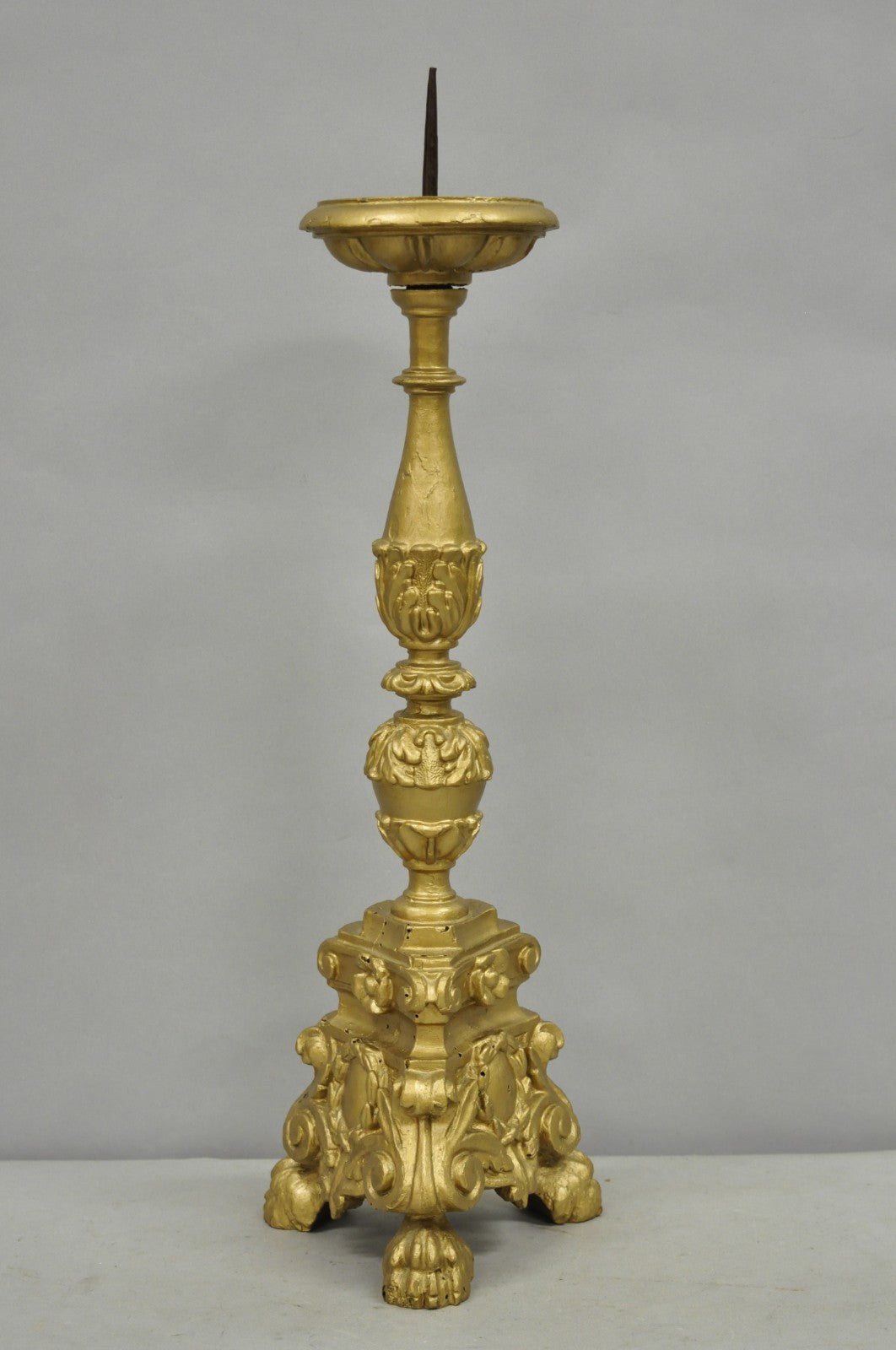 Antique 19th C Italian Neoclassical Carved Gold Giltwood Pricket Candlestick