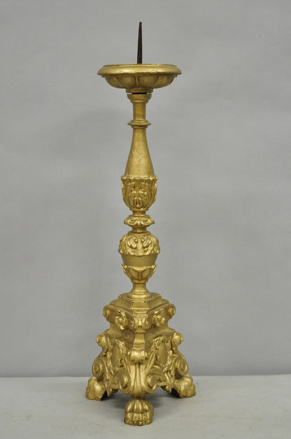 Antique 19th C Italian Neoclassical Carved Gold Giltwood Pricket Candlestick