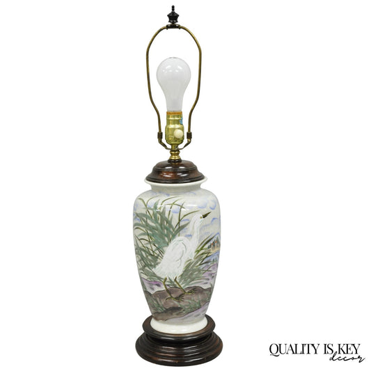 Vintage Chinoiserie Chinese Porcelain Jardiniere Table Lamp w Painted Crane Bird