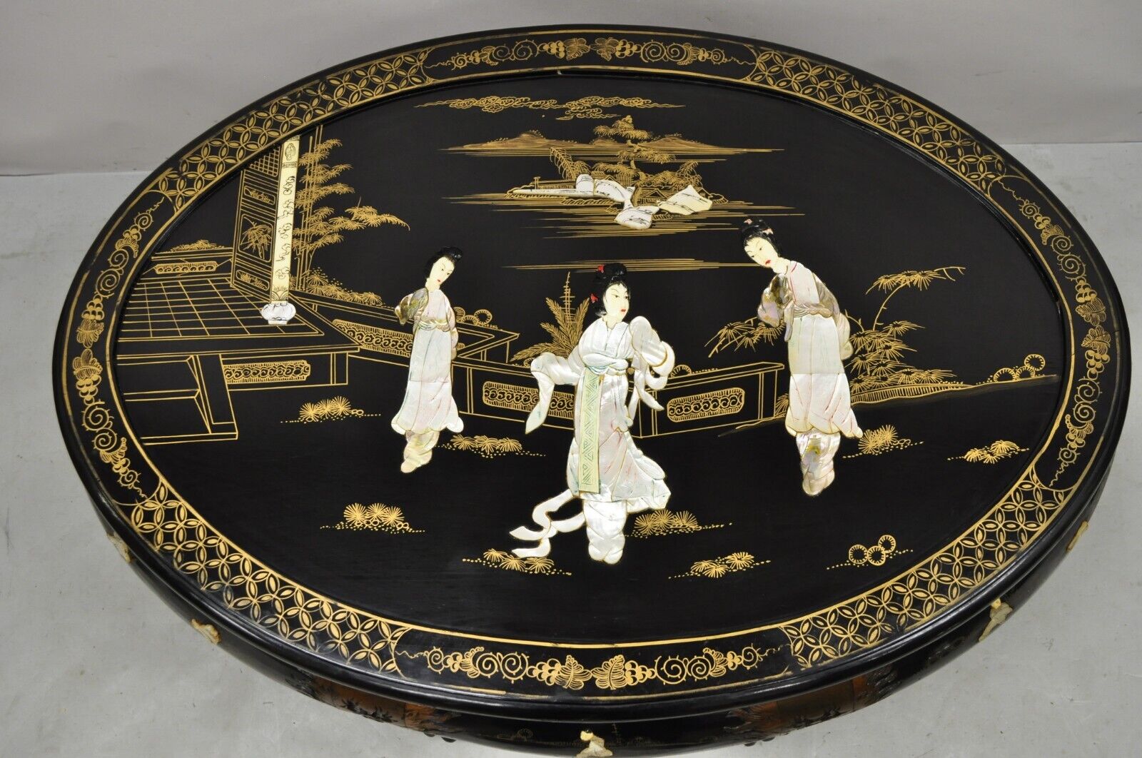 Chinese Black Lacquer Mother of Pearl Oval Nesting Coffee Table Set 6 Stools - A