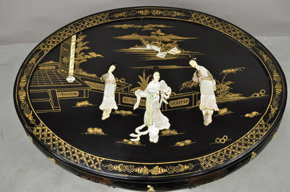 Chinese Black Lacquer Mother of Pearl Oval Nesting Coffee Table Set 6 Stools - A