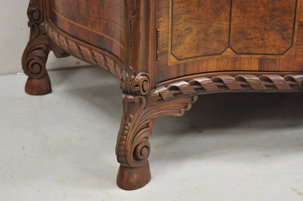 Antique French Louis XV Baroque Burl Walnut Marble Top Commode 5 Drawer Dresser