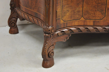 Antique French Louis XV Baroque Burl Walnut Marble Top Commode 5 Drawer Dresser