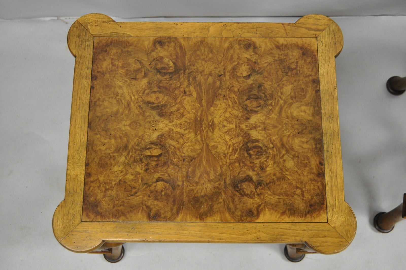 Vintage Baker Regency Style Burlwood Walnut Low Side End Tables - a Pair