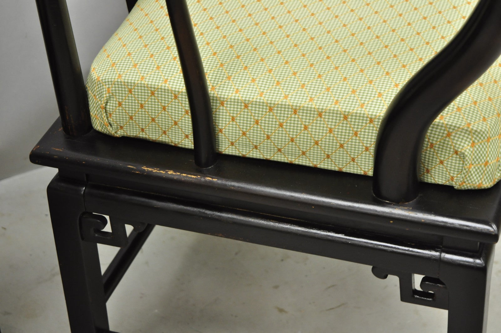 Vintage Oriental Ming Style Ebonized Horseshoe Lounge Chairs by Century (A) Pair