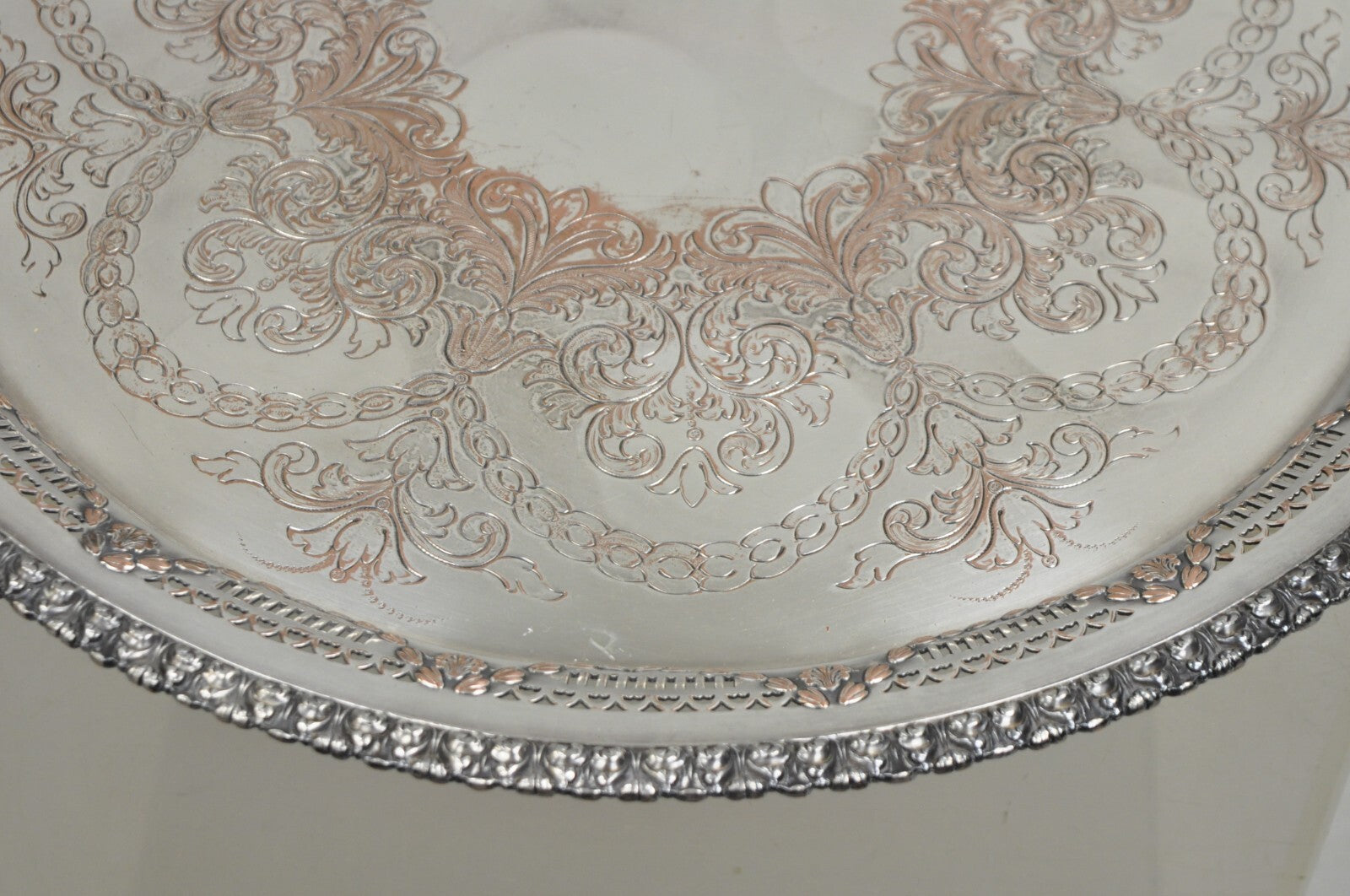 W.K. Cowan & Co 20" Round English Edwardian Silver Plated Footed Salver Tray