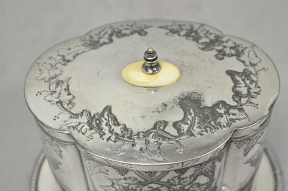Antique Victorian Silver Plated Etched Footed Hinged Biscuit Barrel Jar on Stand
