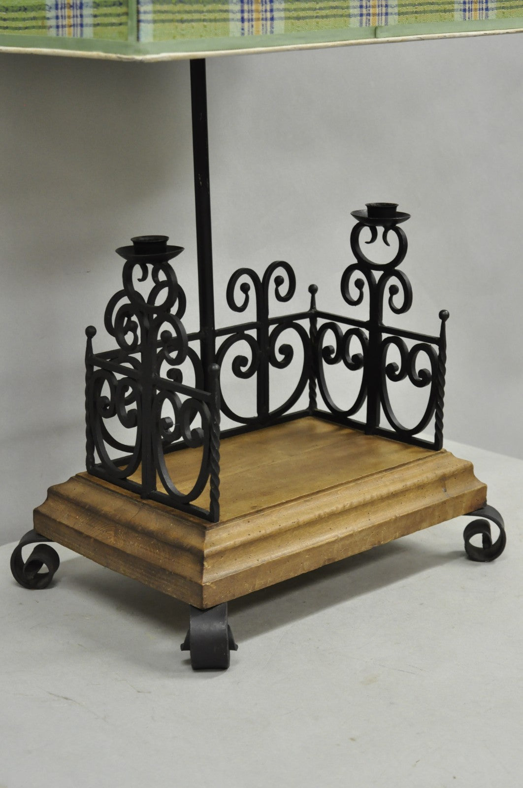 Vintage French Country Gothic Renaissance Scrolling Wrought Iron Wood Table Lamp