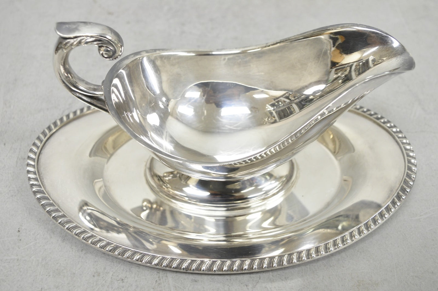 Vintage Crescent Victorian Silver Plated Gravy Sauce Boat on Attached Dish Plate