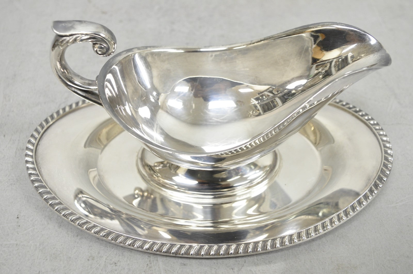 Vintage Crescent Victorian Silver Plated Gravy Sauce Boat on Attached Dish Plate