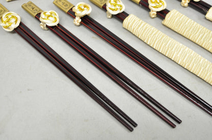 Vintage Japanese Oriental Chopsticks in Custom Silk Gold Sleeves - 6 Pc Set