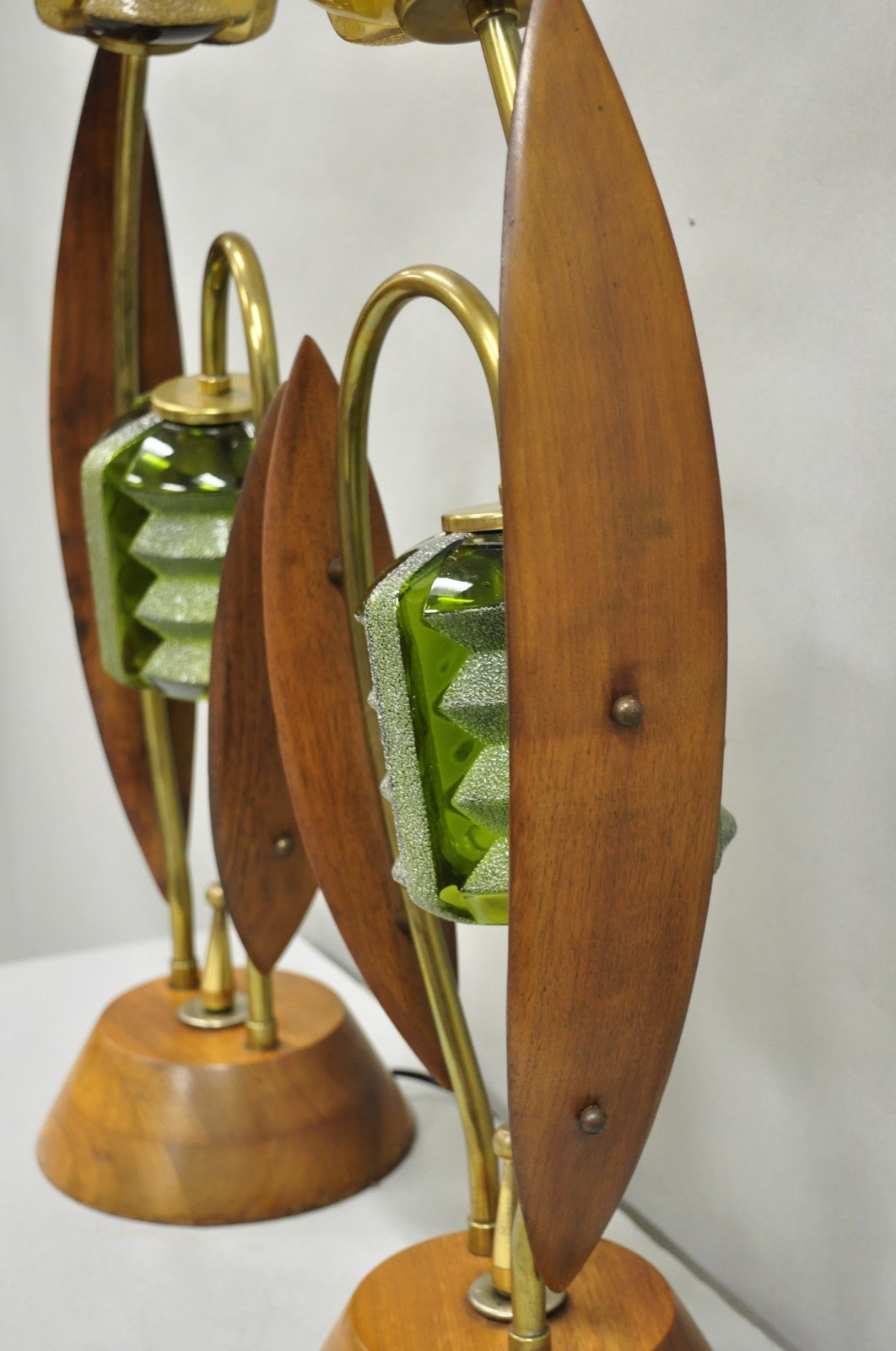 Vintage Mid Century Modern Walnut Tulip Flower Glass Shade Table Lamps - a Pair