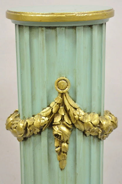 Antique French Empire Neoclassical Green & Gold Painted Wooden Column Pedestal