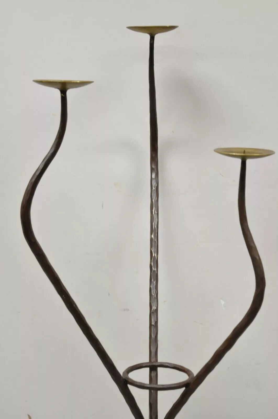 Modernist Iron Brass 3 Tier Sculptural Brutalist Floor Candleholder Candelabra