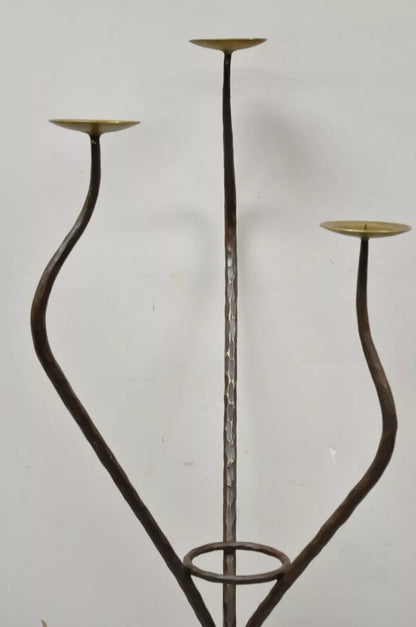 Modernist Iron Brass 3 Tier Sculptural Brutalist Floor Candleholder Candelabra