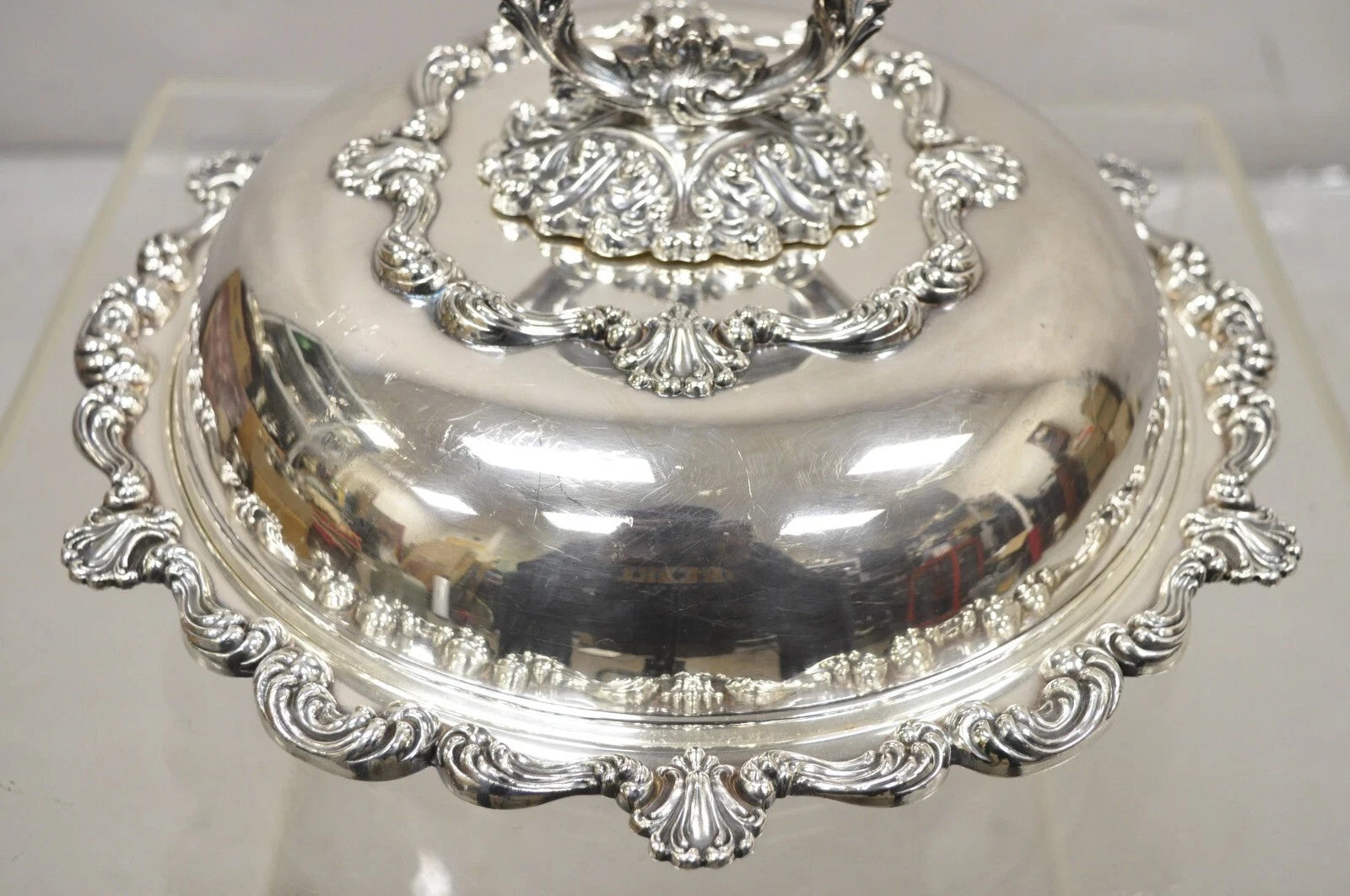 Vintage English Victorian Ornate Round Silver Plated Covered Serving Dish
