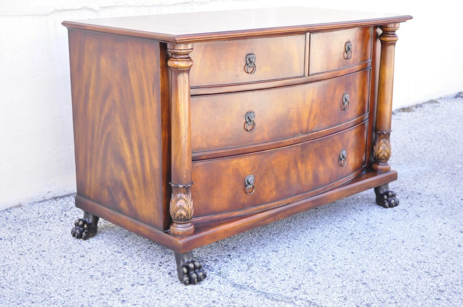 French Empire Style Mahogany Bow Front Large Chest Dresser w/ Bronze Paw Feet