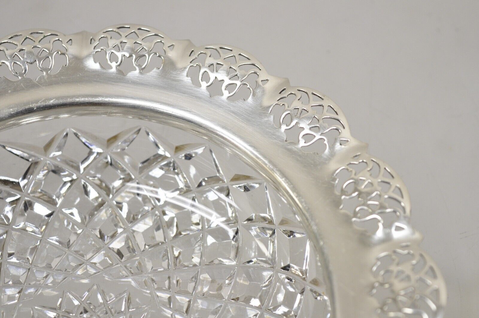 Antique English Victorian Cut Crystal Silver Plated Gallery Ashtray Trinket Dish