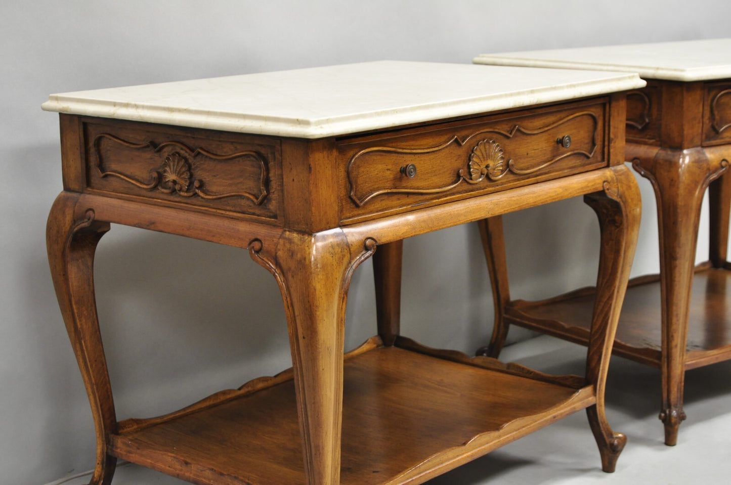 French Country Provincial Rectangle Travertine Marble Top Walnut End Table Pair