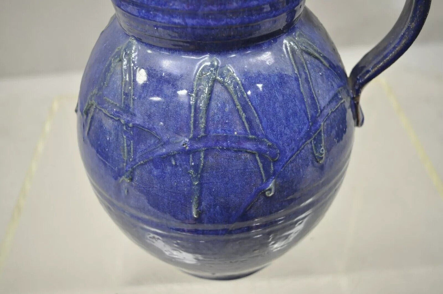 American Primitive Stoneware Blue Glazed Ceramic 11" Pottery Terracotta Jug